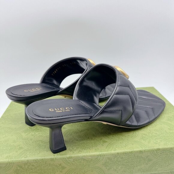 Gucci GG Marmont Chevron Black Kitten Heels Thong Sandals Leather EU 37.5 US 7.5 - Picture 7 of 12